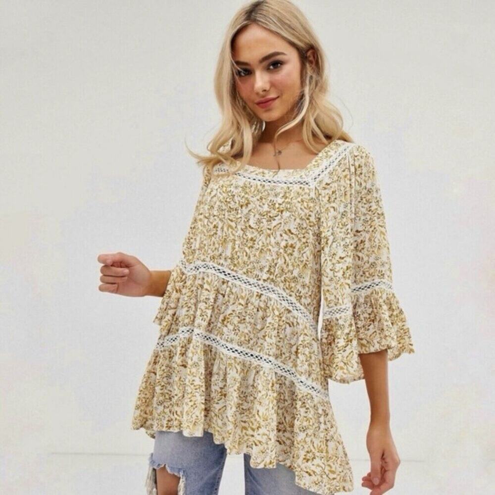 Free People Talk About It Tunic Dress XS Floral Lace Bell Sleeve Boho Festival